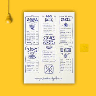 A rustic menu design for restaurant industries. Menu displayed on a yellow background.