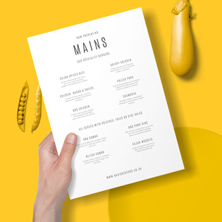 An A4 leaflet which is a main course menu on a yellow background