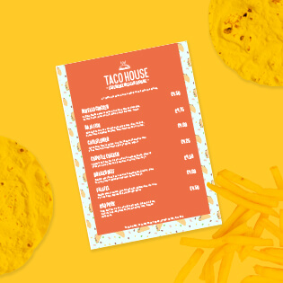 An orange taco house menu design on a bright yellow background.