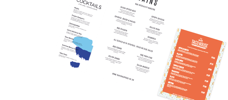 A collection of menus for drinks and restaurant industries including cocktail, taco house and restaurant designs.