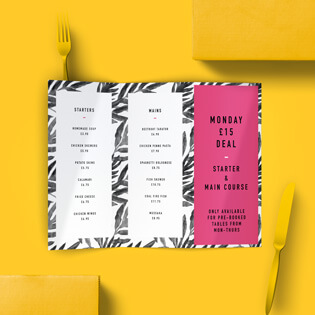 A z-folded leaflet menu design with pink cover and tropical design on a yellow background.