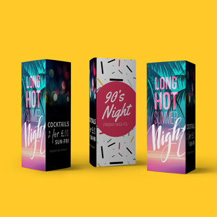 A collection of table talkers advertising various examples of drinks promotions on a yellow background.
