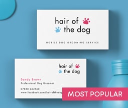 Premium Business Cards on a blue background showing the front and back.